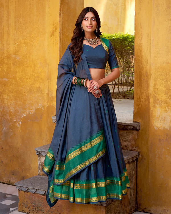 Womenline Elegant Navy Blue Chanderi Cotton half saree lehenga choli