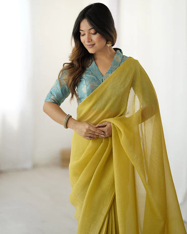 Womenline Lime Yellow Color Sparkle Silk Saree