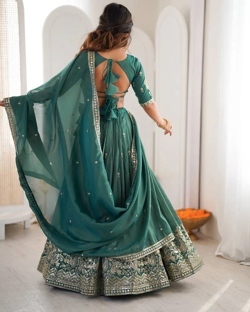 Womenline Teal Green Color Shimmer Silk Lehenga Choli