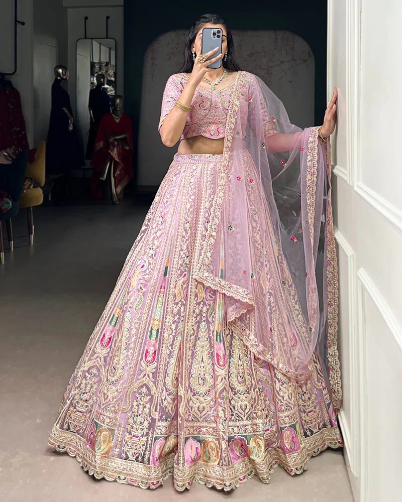 Womenline Lavender Color Soft Net Embroidered Lehenga Choli