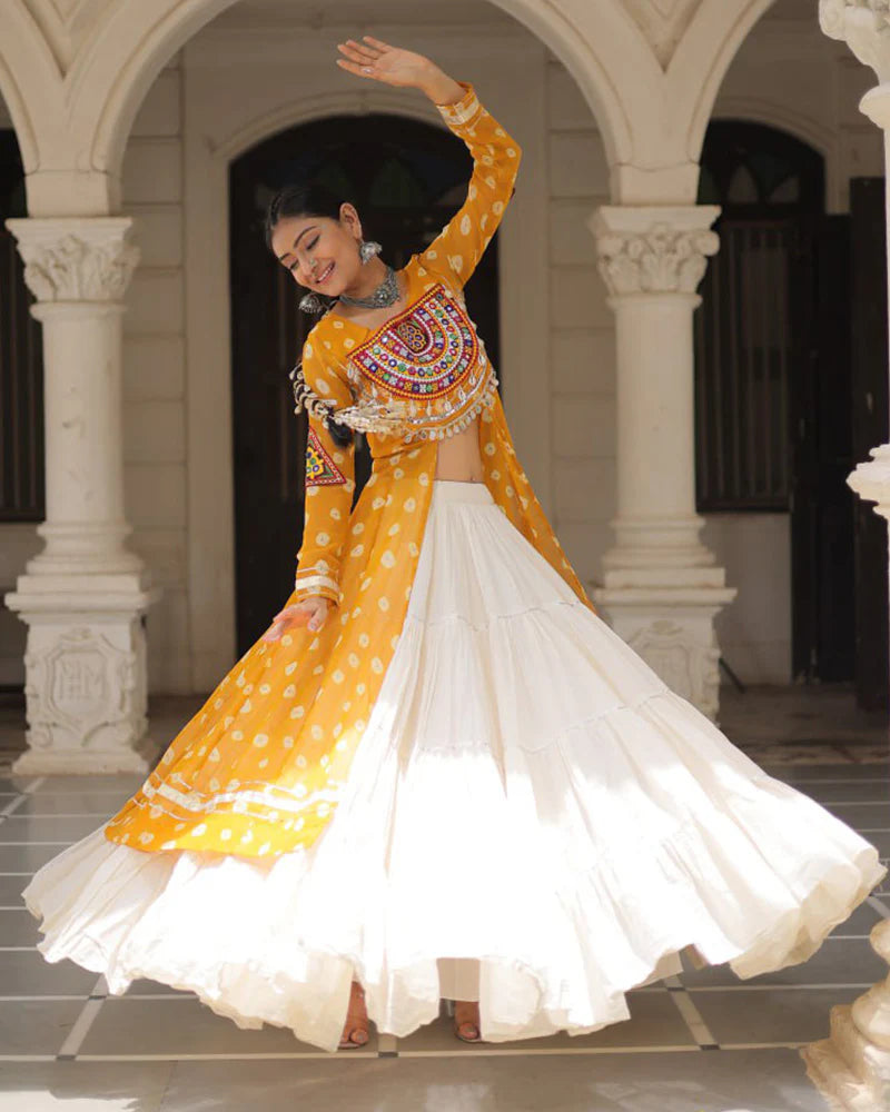 Womenline Yellow Color Bandhani Print Kurti With Kora Cotton Lehenga