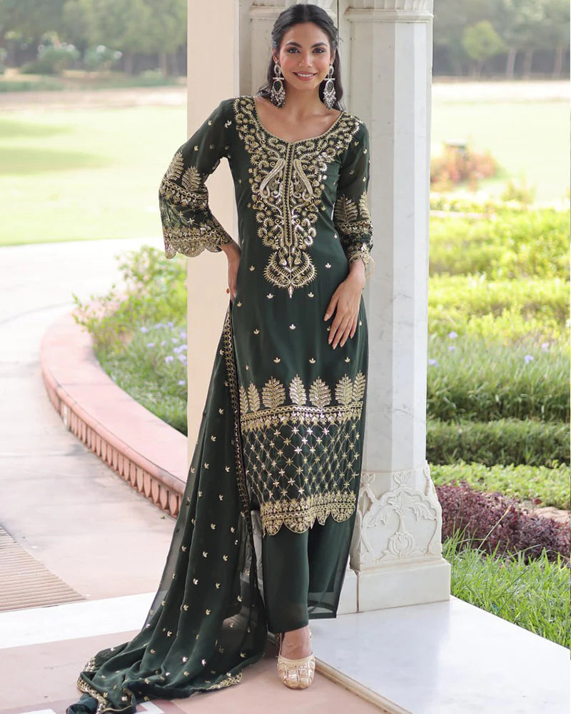 Womenline Mehndi Color Georgette Embroidered Three Piece Kurti Suit