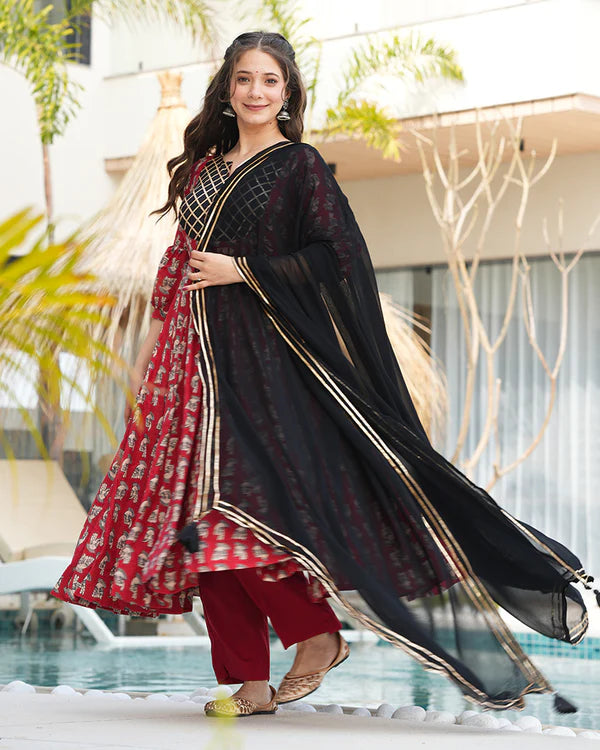 Womenline Red And Black Color Printed Pure Cotton Anarkali Suit
