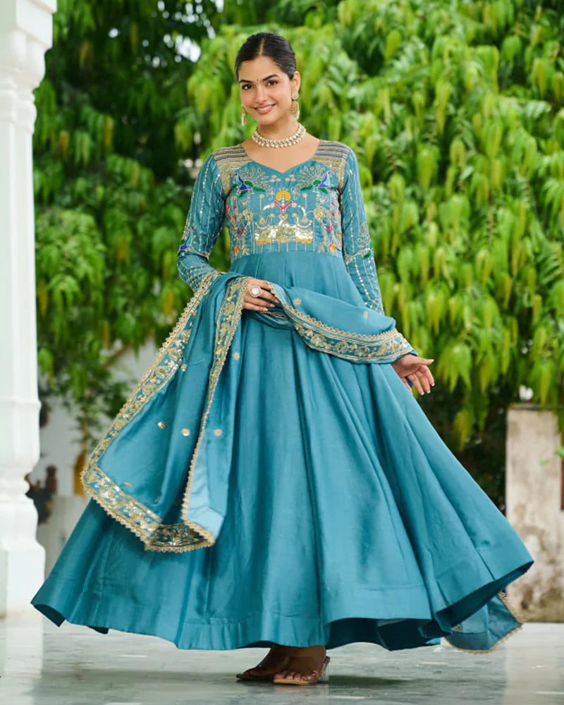 Womenline Teal Blue Color Vichitra Silk Sequence Embroidered Gown
