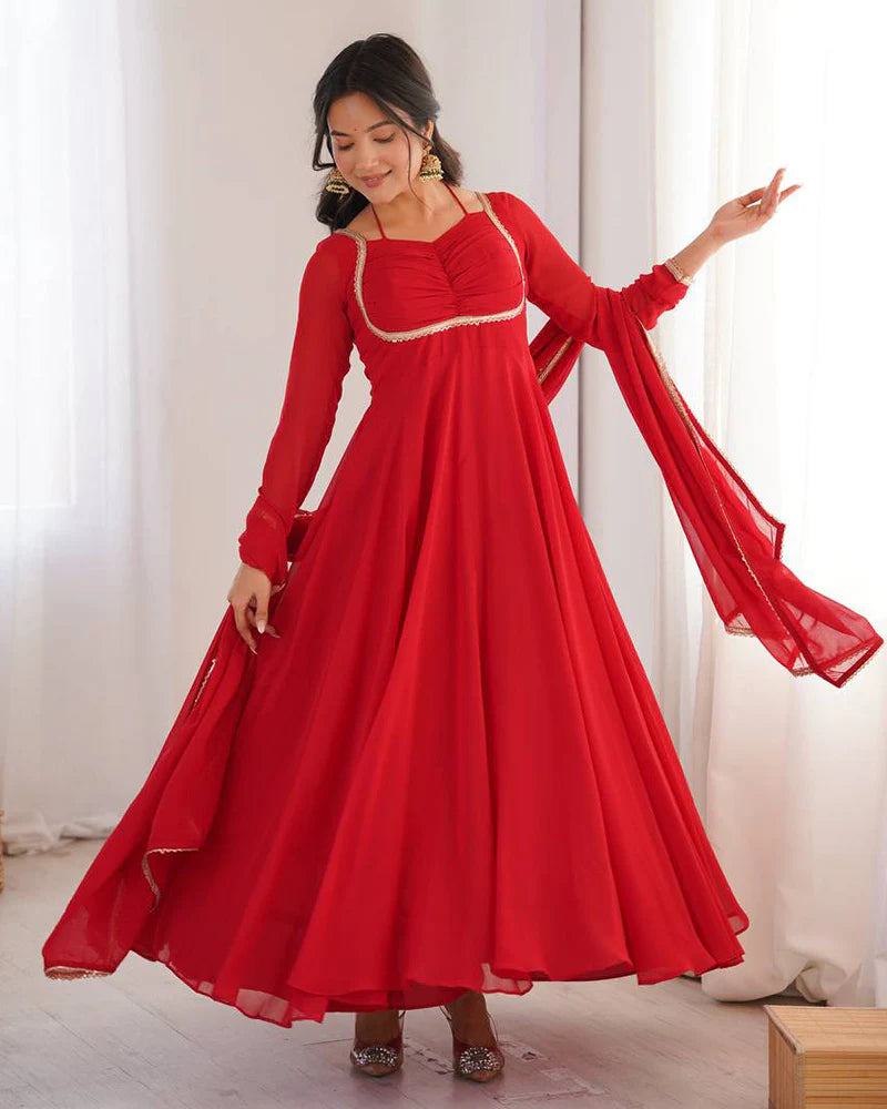 Womenline Red Color Pure Blooming Georgette Anarkali Gown