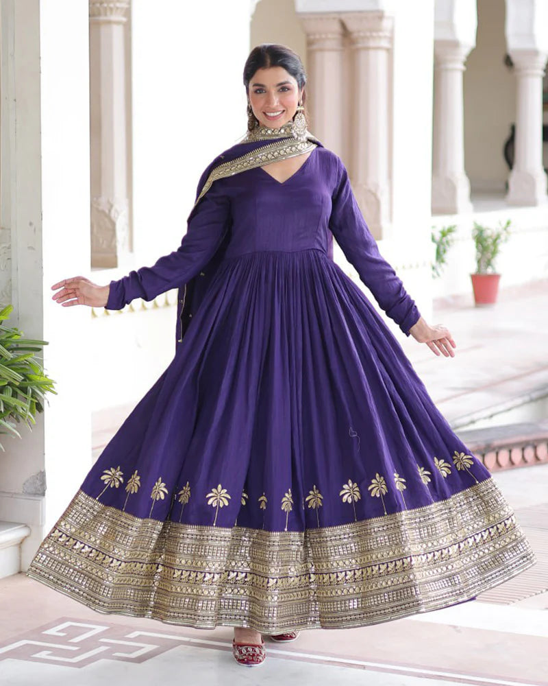 Womenline Royal Violet Color Vichitra Silk Sequence Embroidered Gown