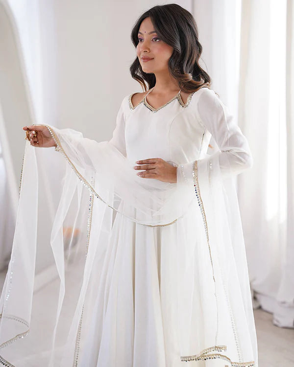 Womenline White Color Chanderi Roman Silk Three Piece Anarkali Suit