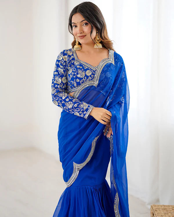 Womenline Blue Color Faux Georgette Ruffle Lehenga Saree