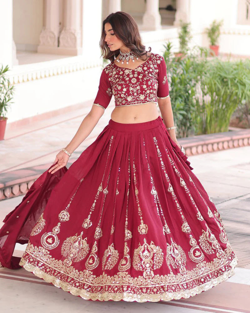 Womenline Maroon Color Vichitra Silk Embroidered Lehenga Choli