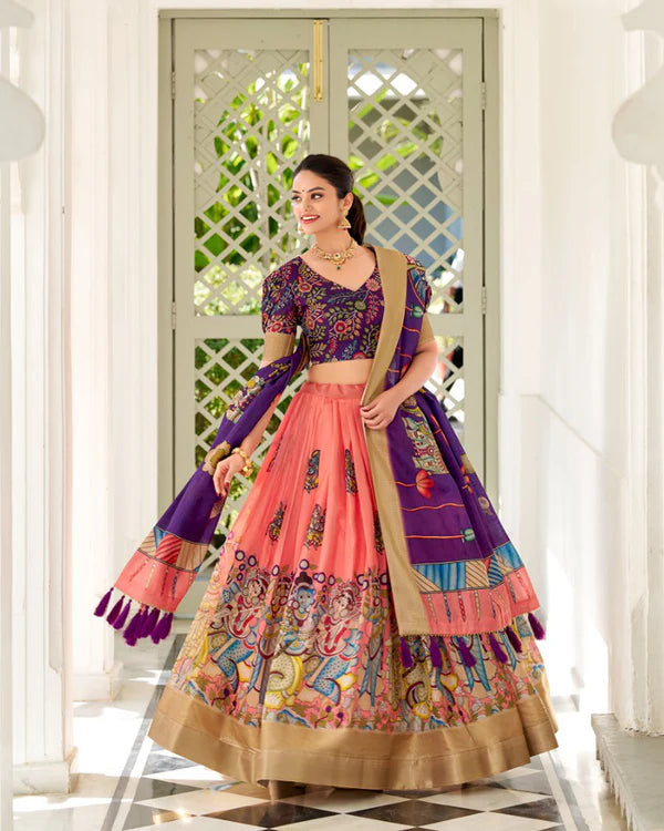 Womenline Peach Color Dola Silk Designer Kalamkari Print Half Saree