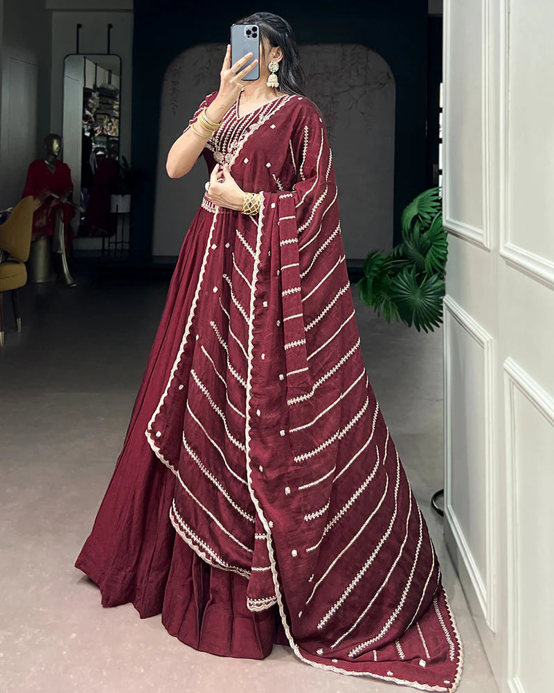 Womenline Maroon Color Rangoli Crush Embroidered Lehenga Choli