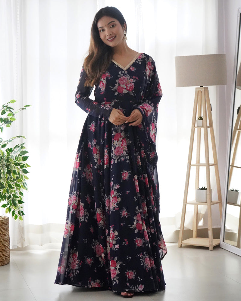 Womenline Floral Navy Blue Color Pure Soft Georgette Anarkali Suit