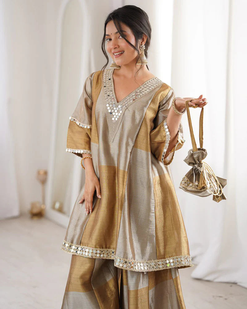 Womenline Grey Color Two-Tone Tissue Silk Embroidered Plazzo Suit