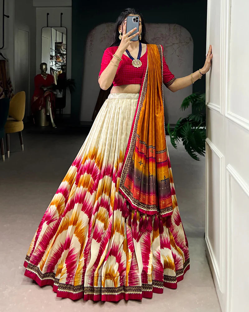 Womenline Red Color Tasar Silk Dye Printed Lehenga Choli
