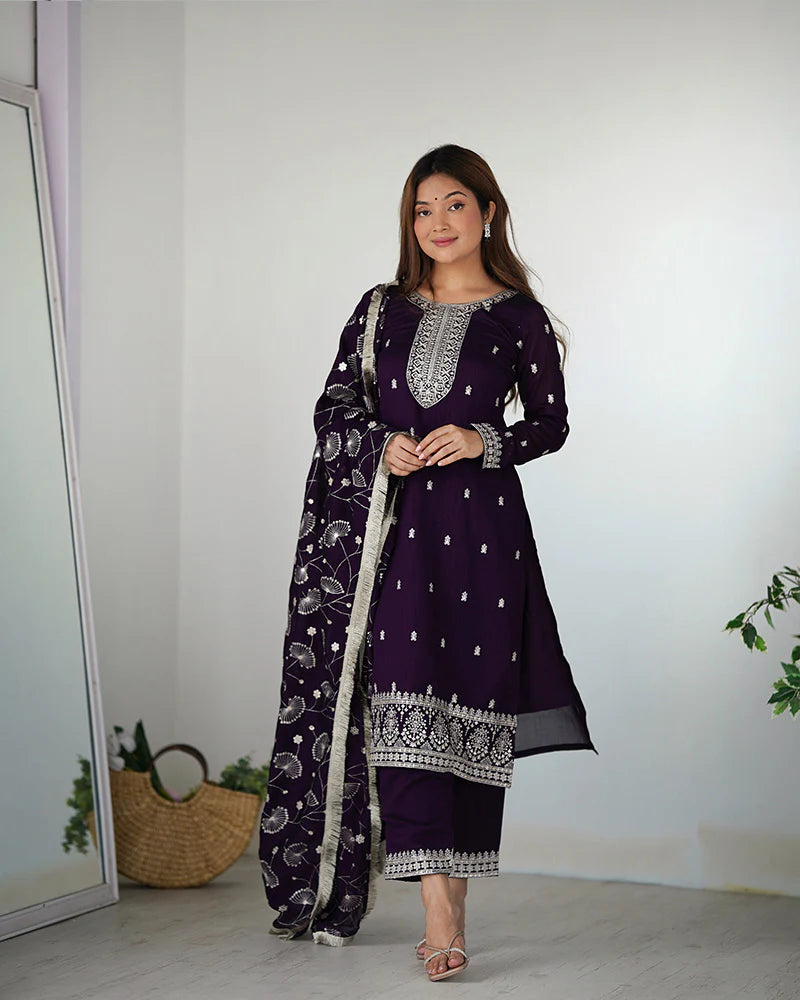 Womenline Purple Color Rangoli Silk Three Piece Kurti Suit