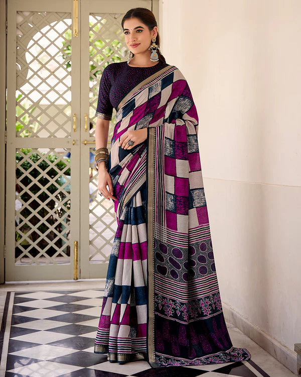 Womenline Navy Blue Color Polyester Chanderi Printed Saree