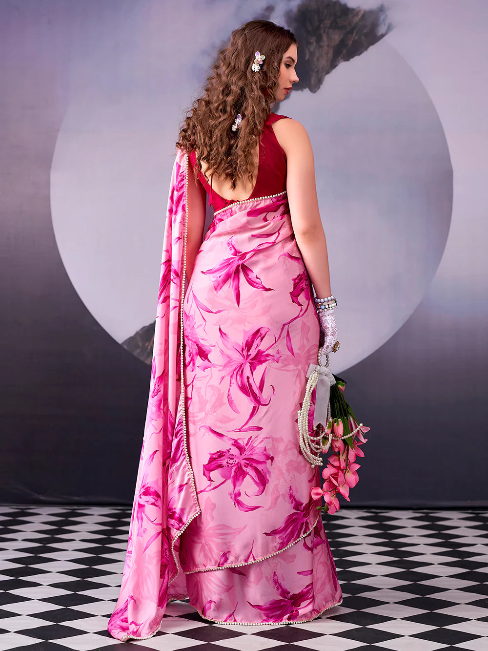Womenline Stuning Pink Color Floral Print Satin Silk Saree