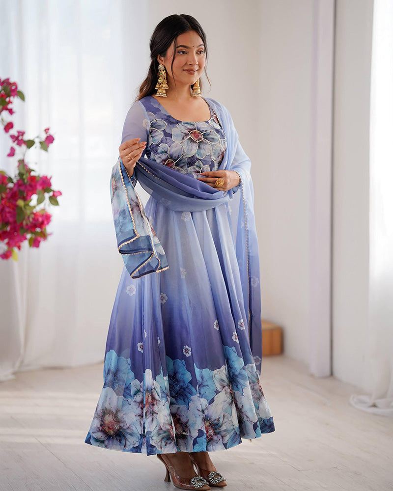 Womenline Navy Blue Floral Print Organza Three Piece Anarkali Suit