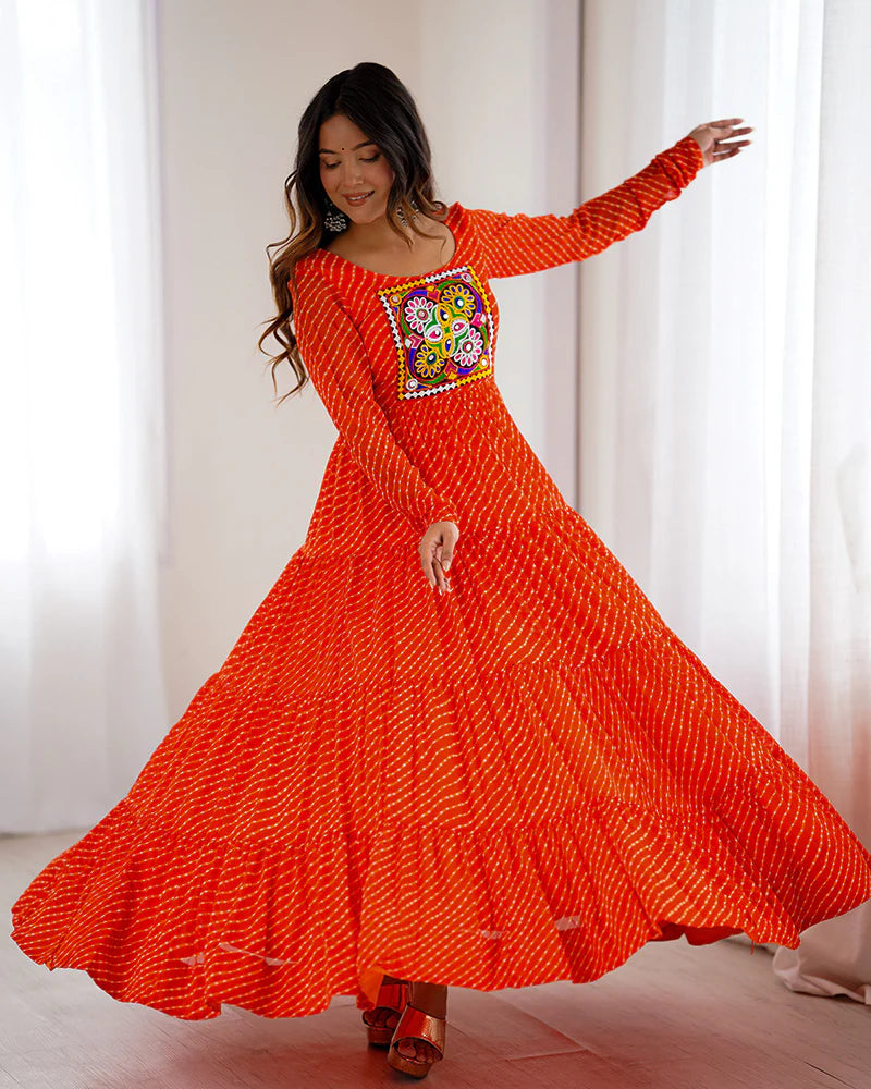 Womenline Orange Color Georgette Laheriya Print Navratri Gown
