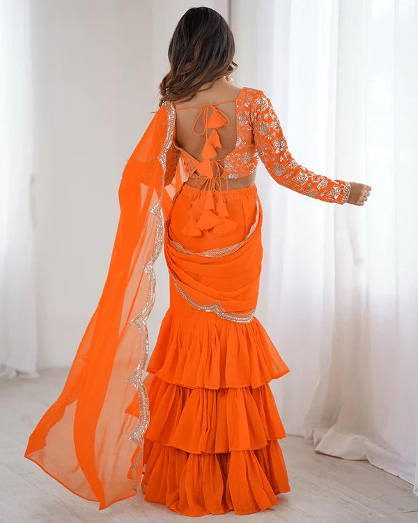 Womenline Orange Color Faux Georgette Ruffle Lehenga Saree