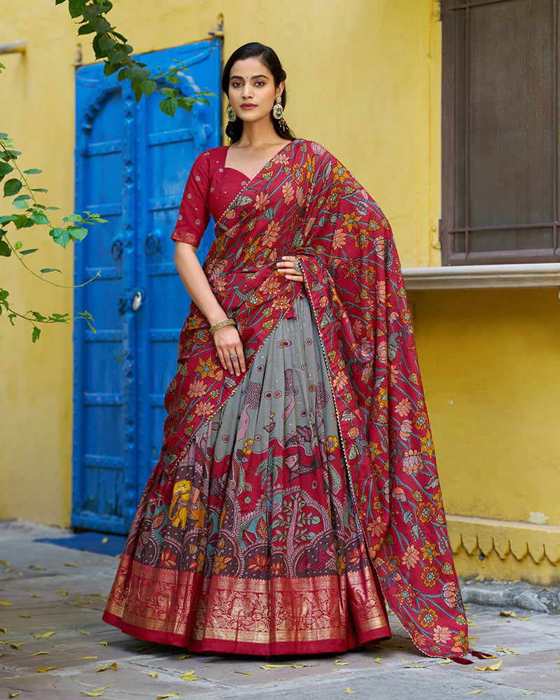 Womenline Grey Color Tussar Silk Kalamkari Printed Lehenga Choli