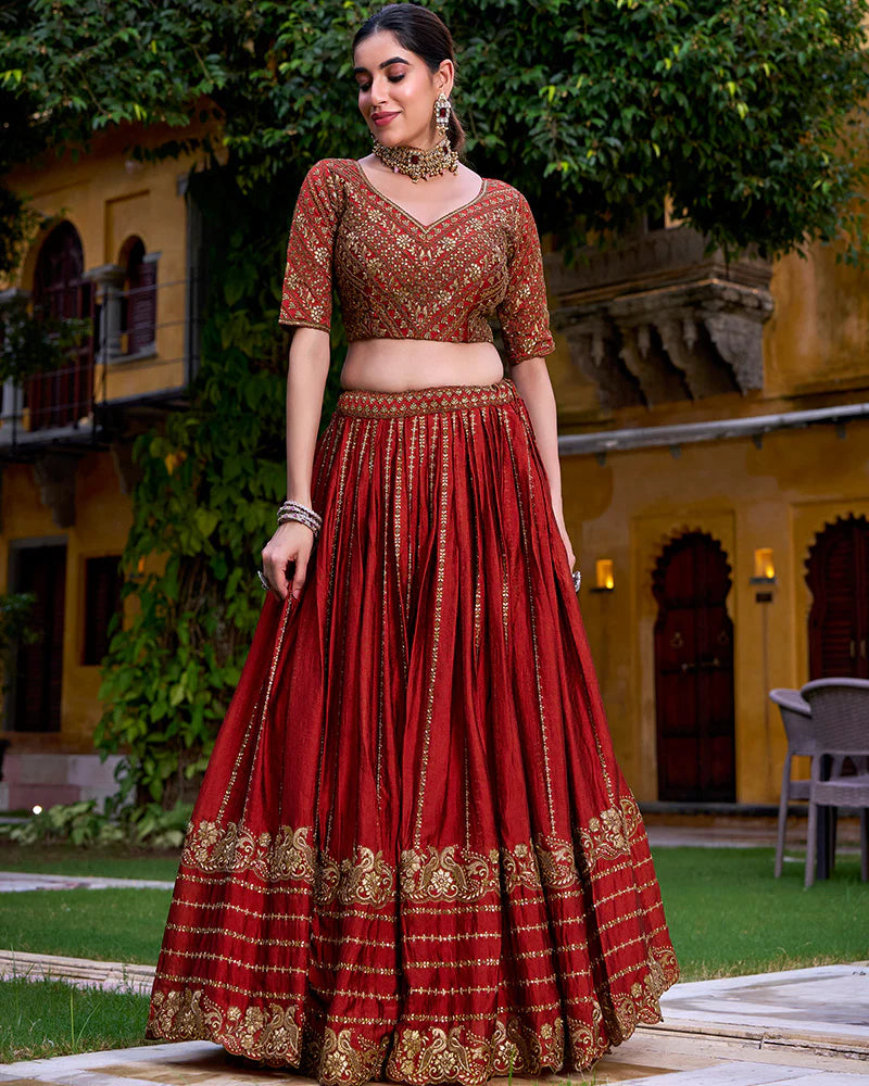 Womenline Rust Orange Color Rangoli Crush Embroidered Lehenga Choli