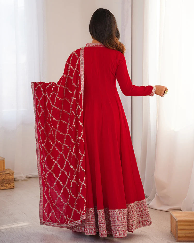 Womenline Red Color Vichitra Silk Embroidered Gown