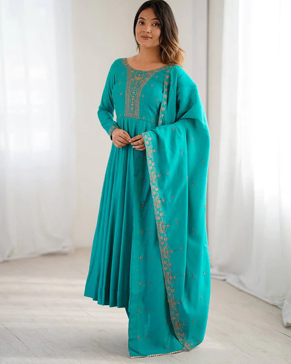 Womenline Rama Color Pure Chanderi Silk Three Piece Anarkali Suit