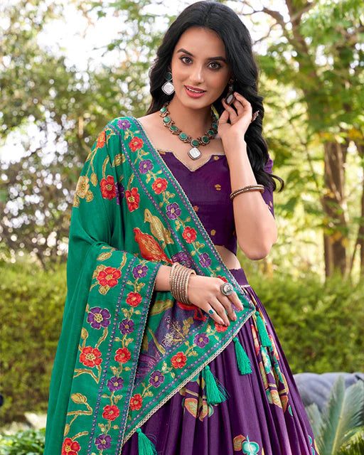 Womenline Purple Color Tussar Silk Printed With Foil Work Lehenga Choli