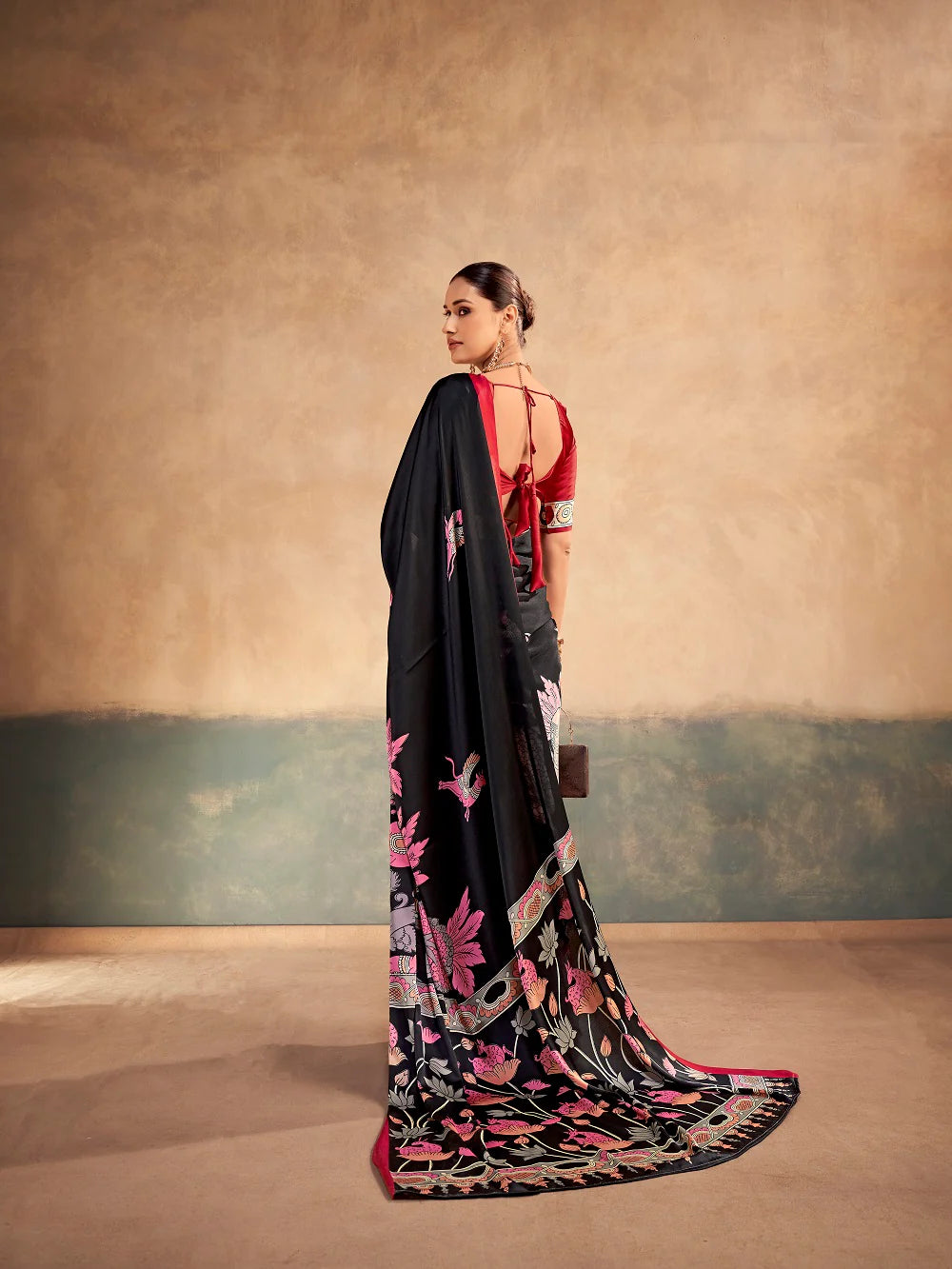 Womenline Bold and Contemporary Black Color Satin Silk Saree