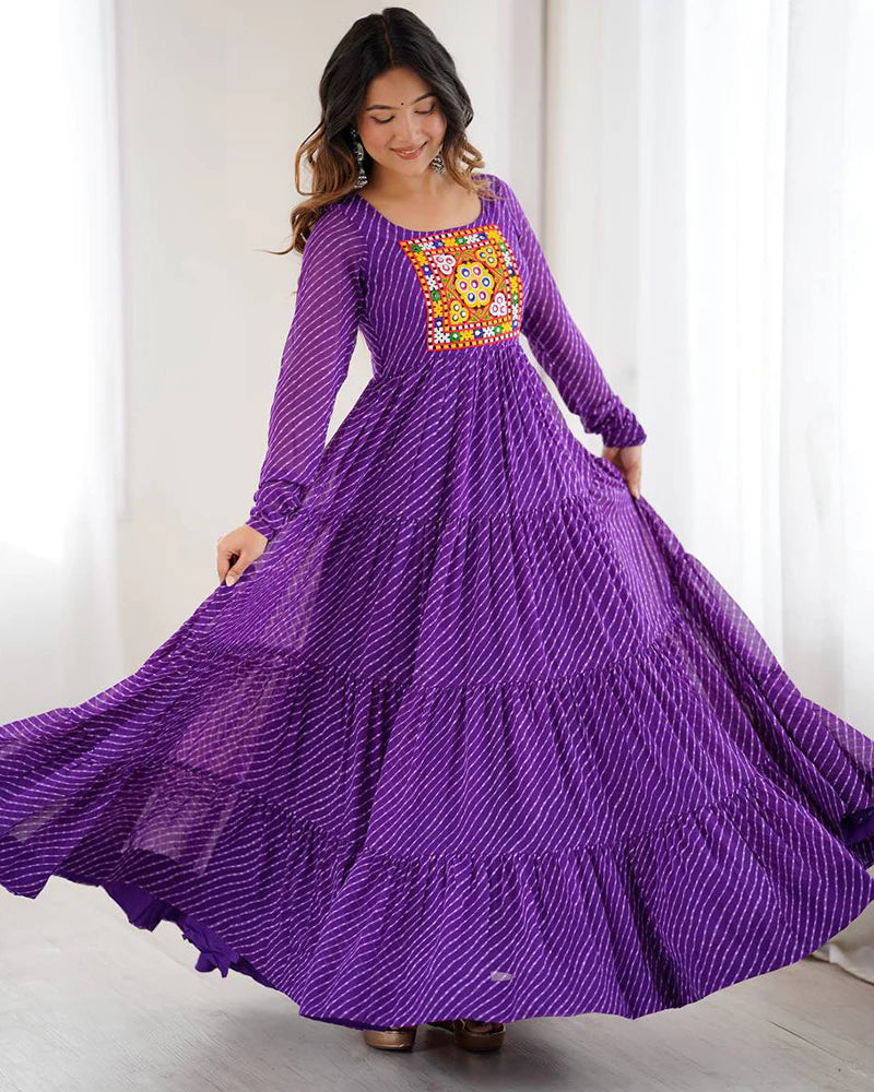 Womenline purple Color Georgette Laheriya Print Navratri Gown