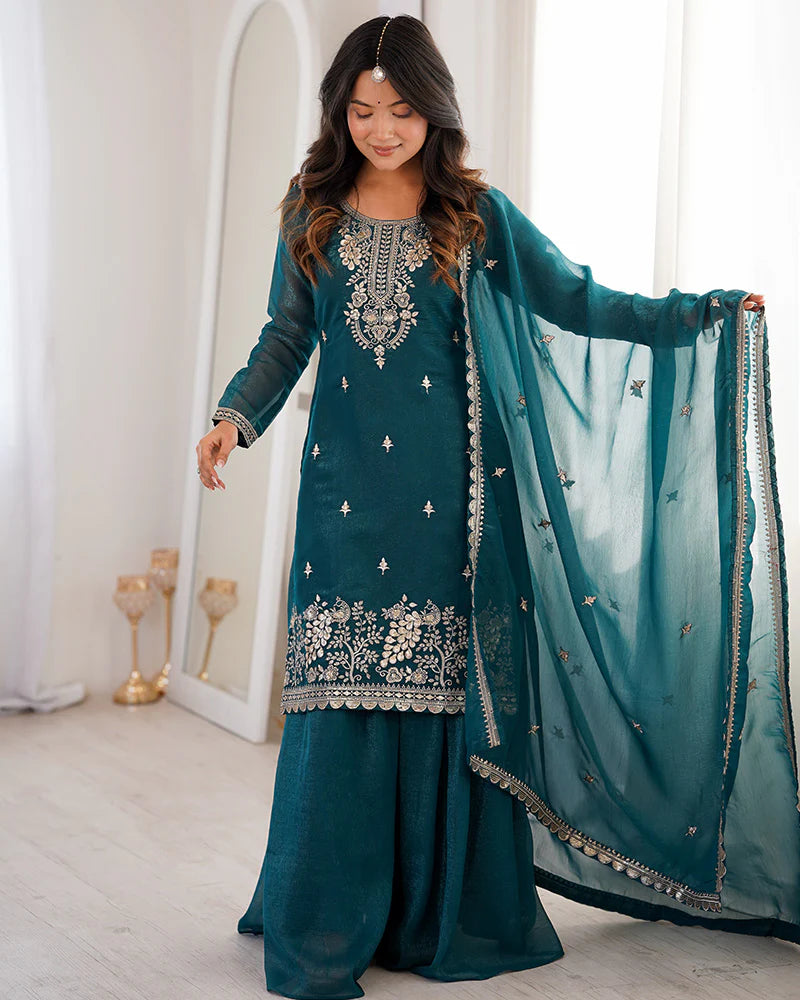 Womenline Teal Blue Color Soft Crunchy Silk Embroidered Plazzo Suit