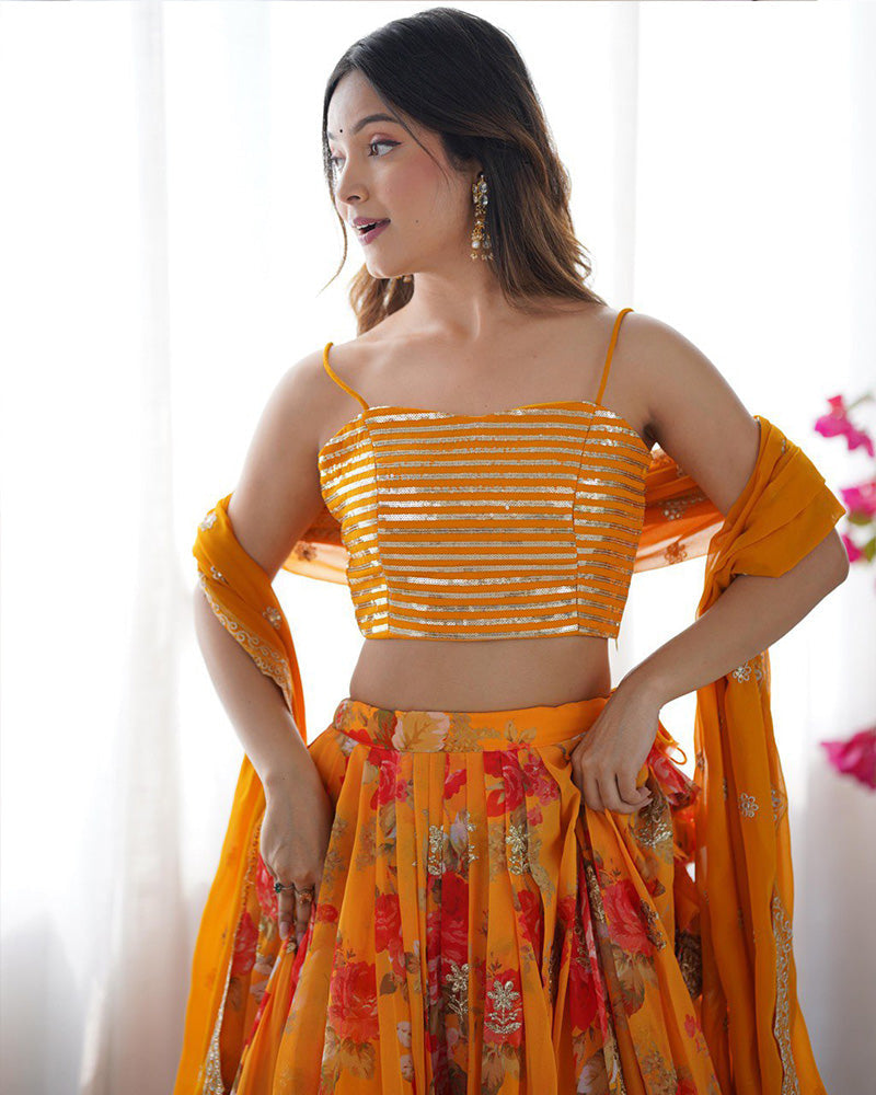 Womenline Mustard Color Georgette Printed And Embroidered Lehenga Choli