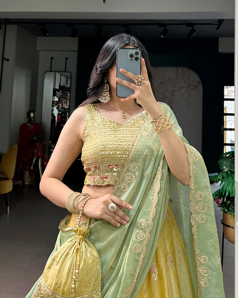 Womenline Yellow Color Moss Silk Embroidered Lehenga Choli