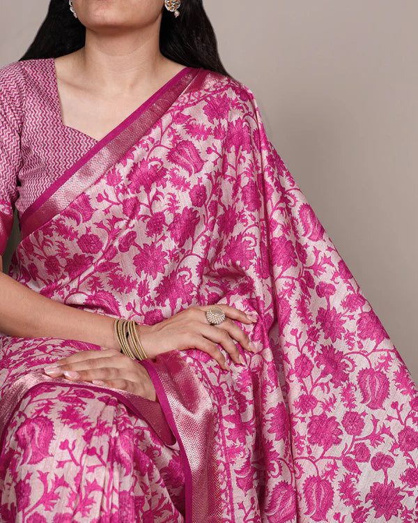 Womenline Pink Color Designer Tasar Silk Printed Saree