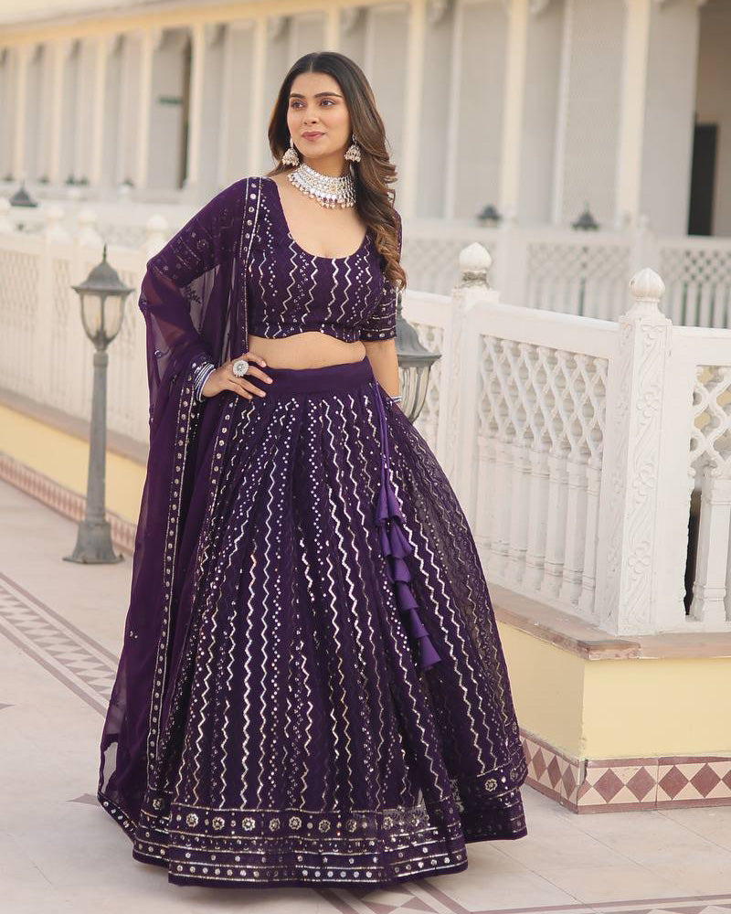 Womenline Wine Color Blooming Soft Georgette Heavy Embroidery Threaded Semi Stitched Lehenga Choli