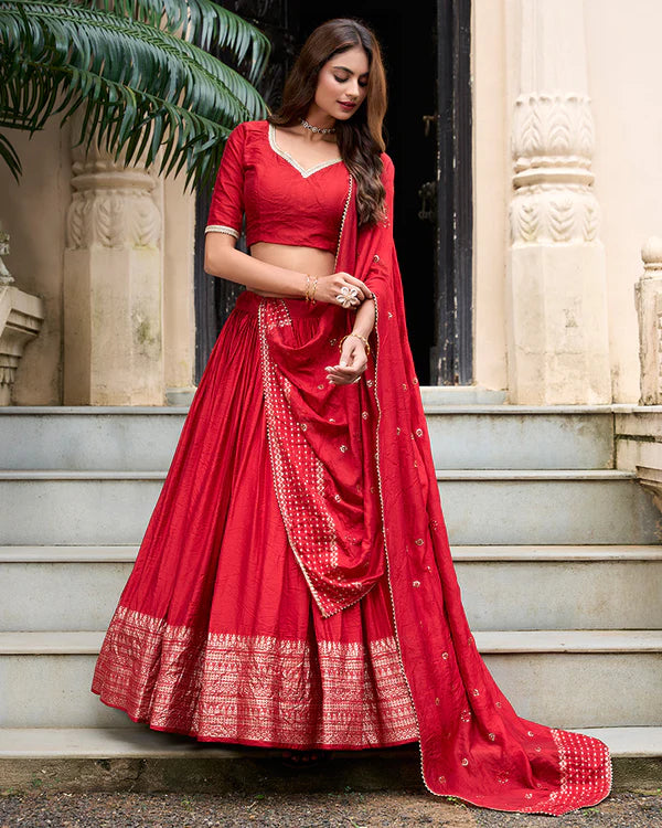 Womenline Red Color Pure Chanderi Plain Navratri Half Saree