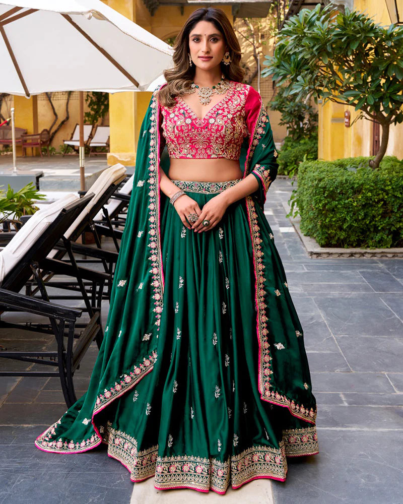 Womenline Green Color Satin Silk Embroidered Lehenga Choli