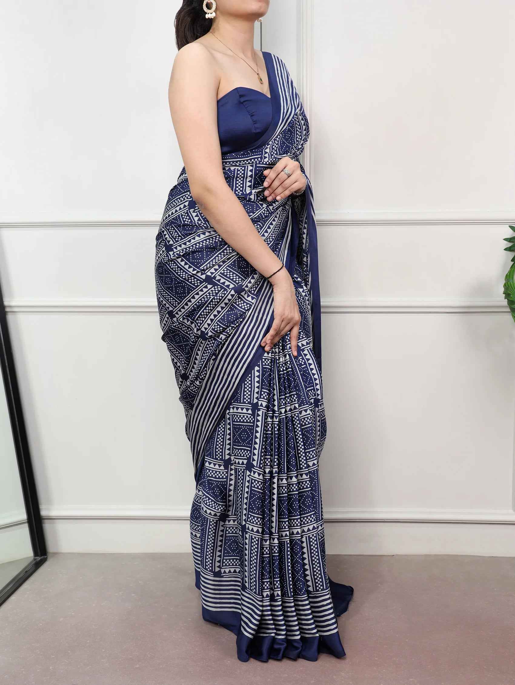 Womenline Navy Blue Color Satin Silk Saree