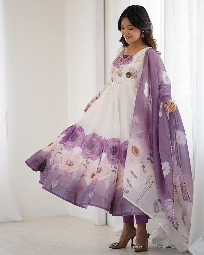 Womenline Violet Color Floral Pure Soft Tebby Organza Three Piece Anarkali Suit