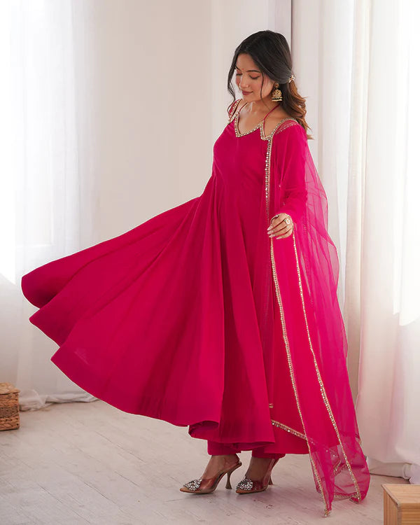Womenline Rani Pink Color Chanderi Roman Silk Three Piece Anarkali Suit