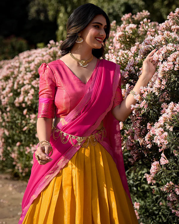 Womenline Mustard Color Kanchipuram Silk Designer Half Saree