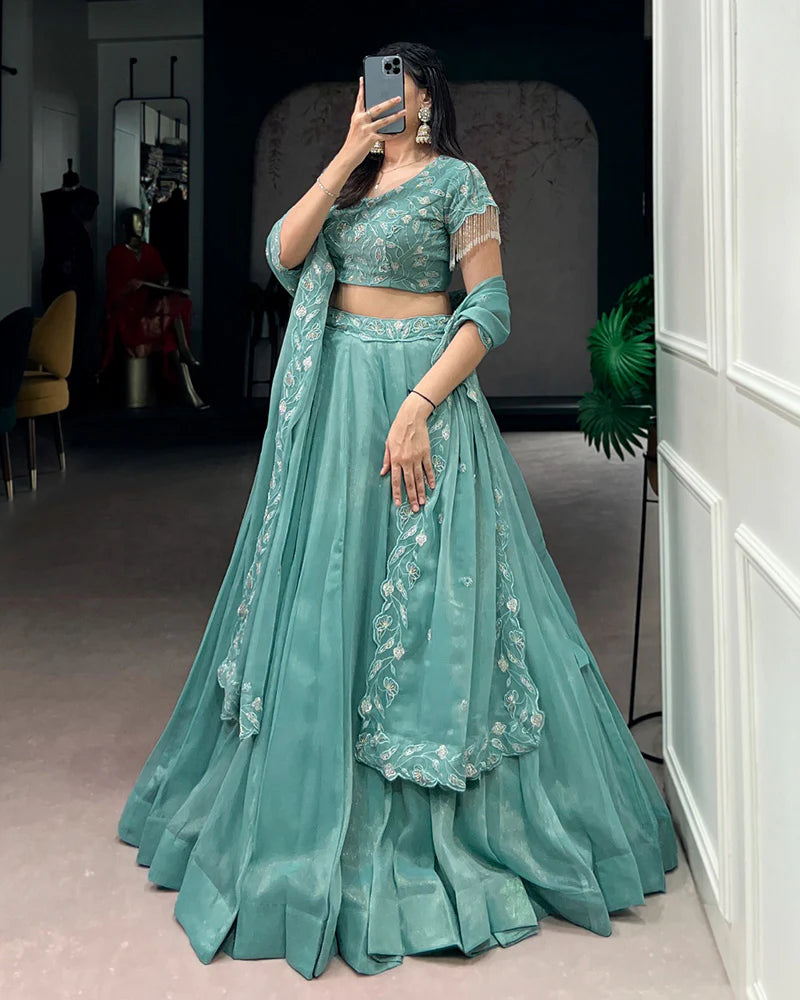 Womenline Sky Blue Color Gold Coin Embroidered Lehenga Choli