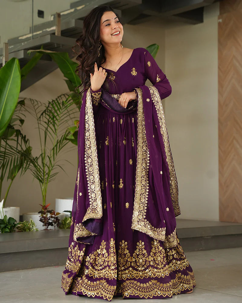 Womenline Purple Color Designer Blooming Embroidered Gown