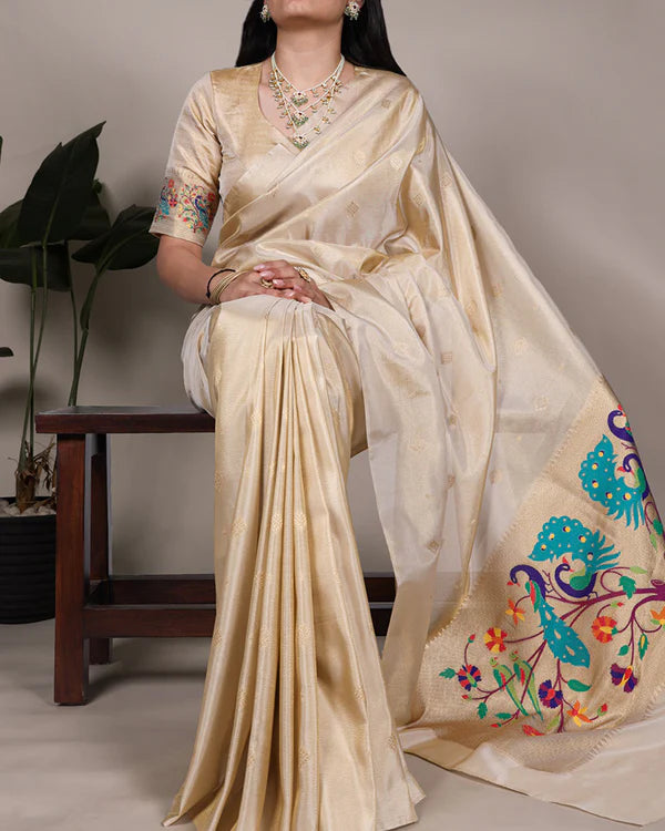 Womenline Cream Color Zari Weaving Tissue Paithani Saree