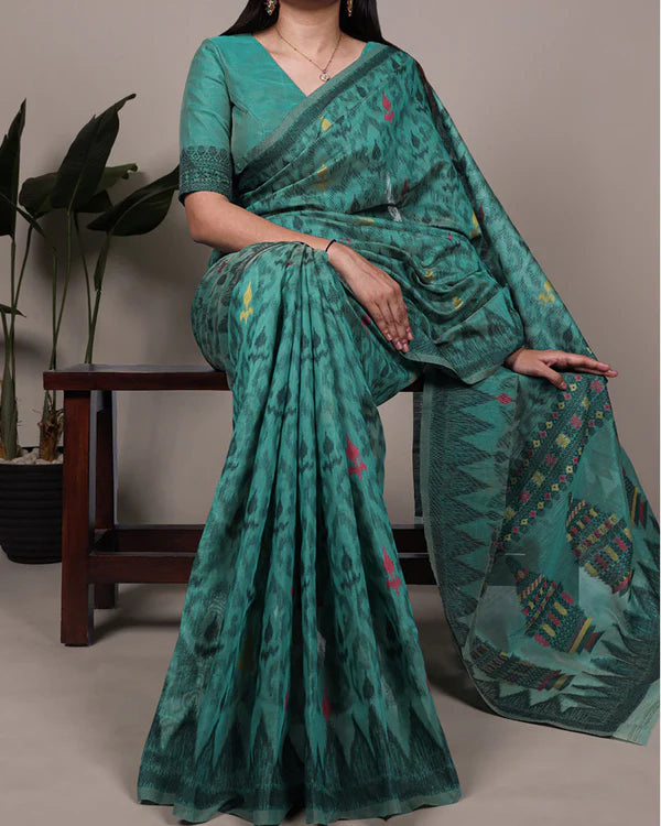 Womenline Teal Green Color Thread Weaving Poly Cotton Saree