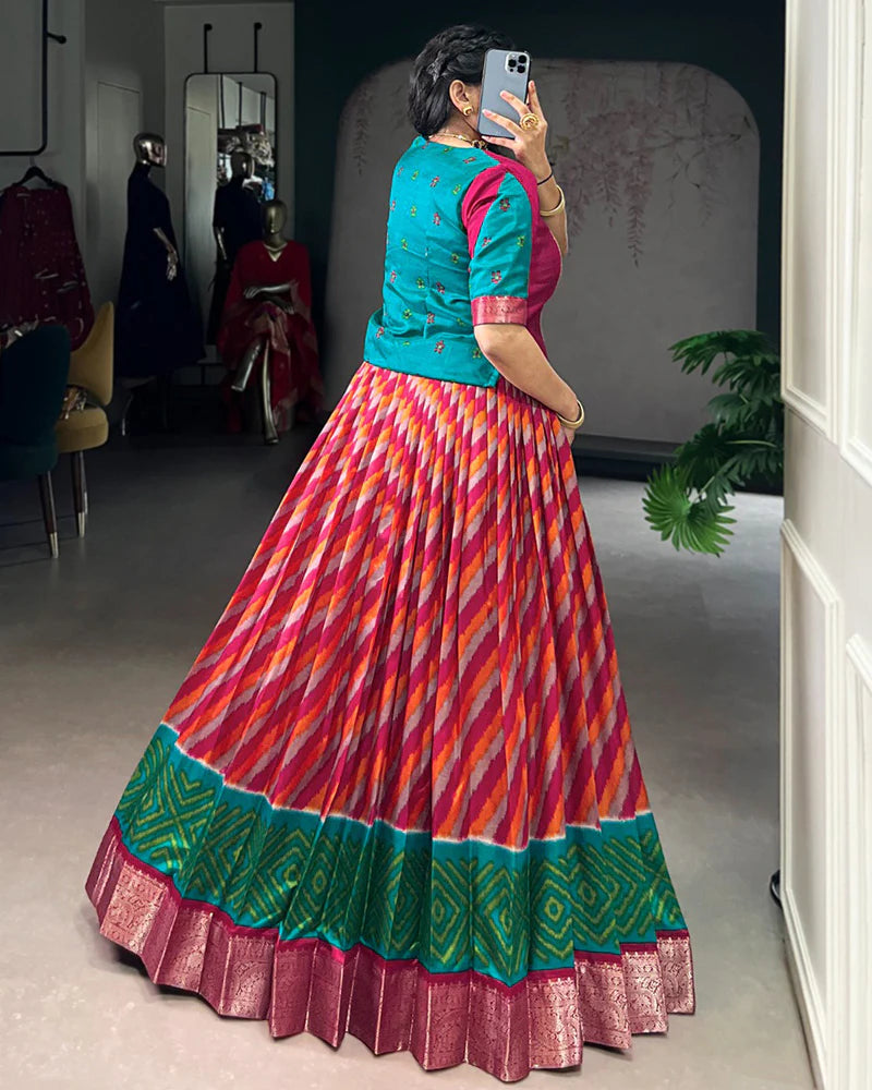 Womenline Red Color Tasar Silk Laheriya Printed Lehenga Choli