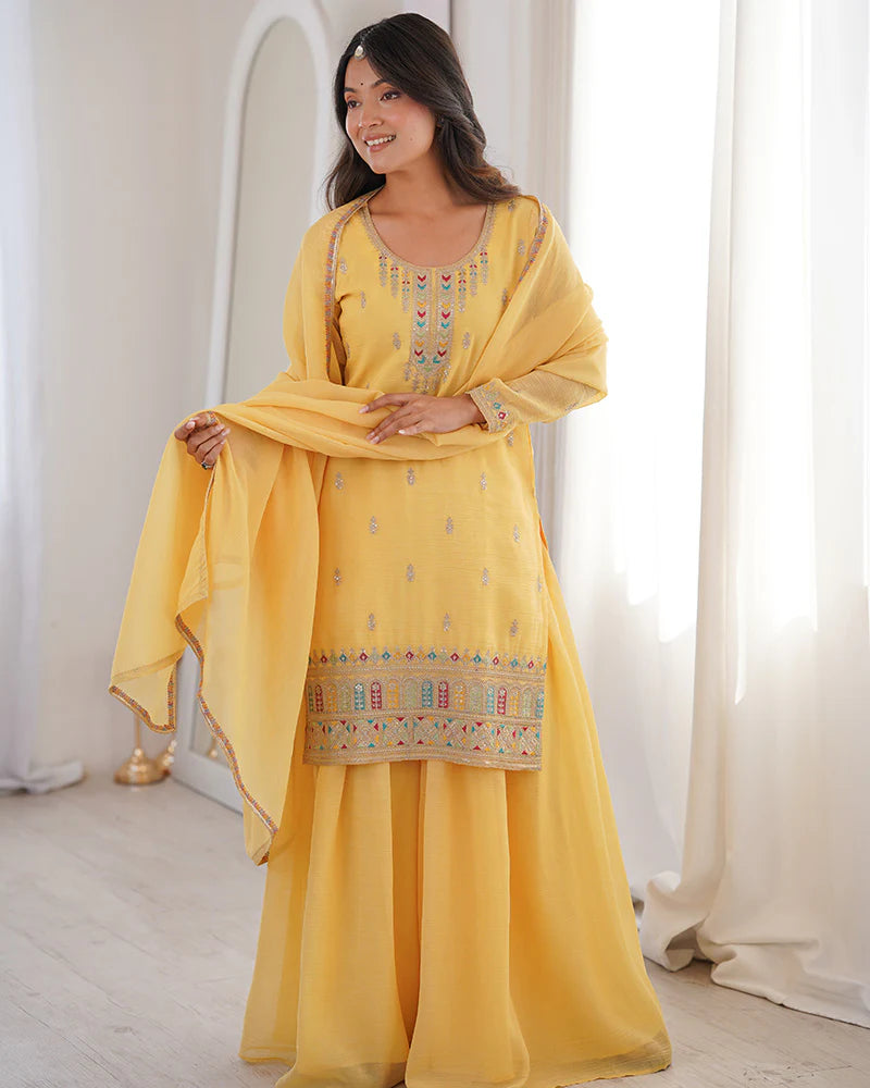 Womenline Yellow Color Crunchy Silk Embroidered Plazzo Suit