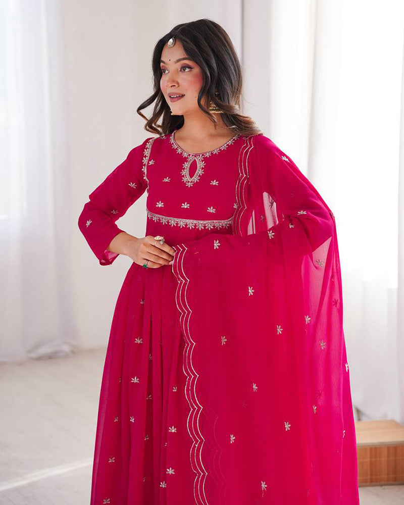 Womenline Rani Pink Color Soft Georgette Embroidered Anarkali Suit