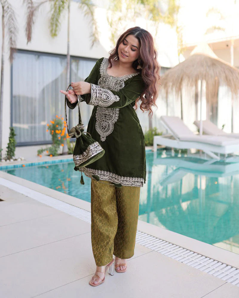 Womenline Mehndi Color Velvet Embroidered Kurti Suit